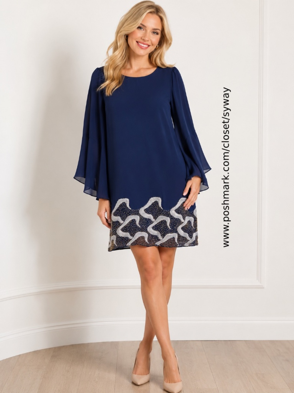 MM Couture Made in USA Shift Dress with Flare Sleeves Embellished Hem